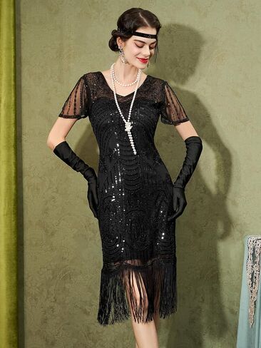 YESSA Flapper Dresses 1920s Dresses for Women,Sequin Fringe Great Gatsby Dresses for Women Roaring 20s Costume Harlem Night in Saudi Arabia