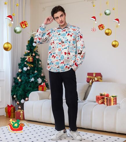 Mens Christmas Shirts Long Sleeve Clothes Button Up Casual Outfits Male Winter Festival Shirts in Saudi Arabia
