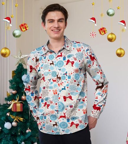 Mens Christmas Shirts Long Sleeve Clothes Button Up Casual Outfits Male Winter Festival Shirts in Saudi Arabia