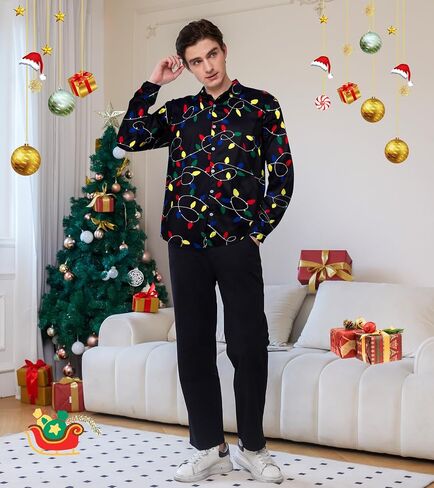 Mens Christmas Shirts Long Sleeve Clothes Button Up Casual Outfits Male Winter Festival Shirts in Saudi Arabia