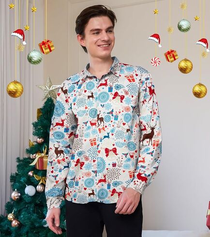 Mens Christmas Shirts Long Sleeve Clothes Button Up Casual Outfits Male Winter Festival Shirts in Saudi Arabia
