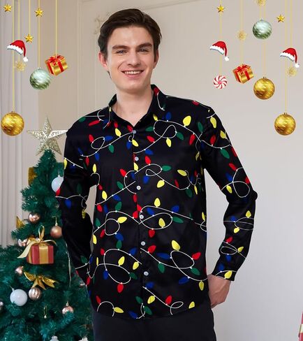 Mens Christmas Shirts Long Sleeve Clothes Button Up Casual Outfits Male Winter Festival Shirts in Saudi Arabia