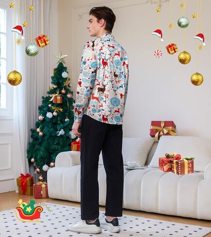 Mens Christmas Shirts Long Sleeve Clothes Button Up Casual Outfits Male Winter Festival Shirts in Saudi Arabia