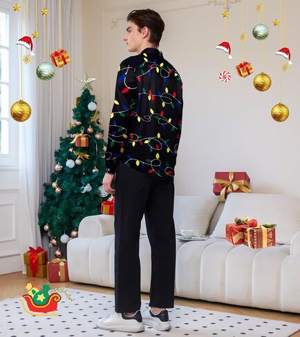 Mens Christmas Shirts Long Sleeve Clothes Button Up Casual Outfits Male Winter Festival Shirts in Saudi Arabia