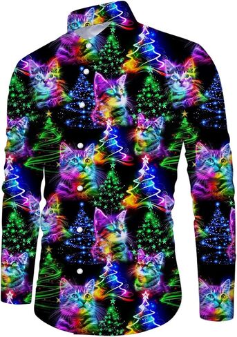 Mens Christmas Shirts Long Sleeve Clothes Button Up Casual Outfits Male Winter Festival Shirts in Saudi Arabia