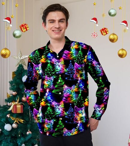 Mens Christmas Shirts Long Sleeve Clothes Button Up Casual Outfits Male Winter Festival Shirts in Saudi Arabia
