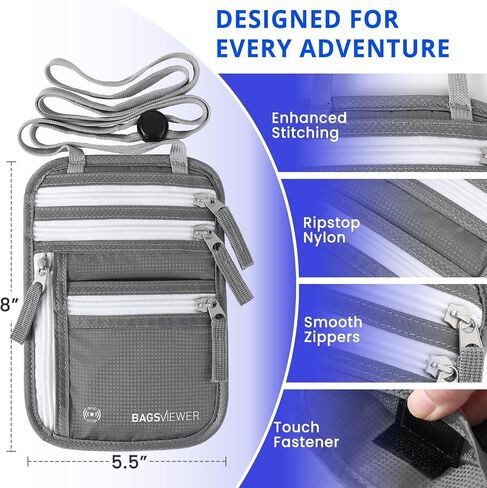 محفظة الرقبة، حامل جواز السفر RFID للسفر، حقيبة مقاومة للماء ورفيعة مع حزام رقبة قابل للتعديل للرجال والنساء لتأمين النقود وبطاقات الائتمان، 8 بوصة × 8.5 بوصة in Saudi Arabia