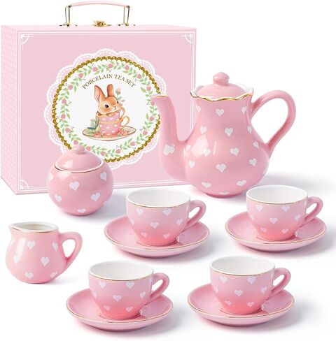 Porcelain Tea Party Set for Little Girls Kids Toddlers, 13Pcs Pink Heart Ceramic Tea Set - Tea Pot Cups & Saucers & Carrying Case,Pretend Play Toys Kitchen Set - Christmas Birthday Gift for Girls in Saudi Arabia