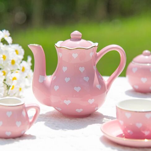 Porcelain Tea Party Set for Little Girls Kids Toddlers, 13Pcs Pink Heart Ceramic Tea Set - Tea Pot Cups & Saucers & Carrying Case,Pretend Play Toys Kitchen Set - Christmas Birthday Gift for Girls in Saudi Arabia