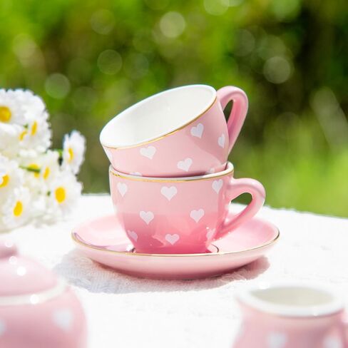 Porcelain Tea Party Set for Little Girls Kids Toddlers, 13Pcs Pink Heart Ceramic Tea Set - Tea Pot Cups & Saucers & Carrying Case,Pretend Play Toys Kitchen Set - Christmas Birthday Gift for Girls in Saudi Arabia