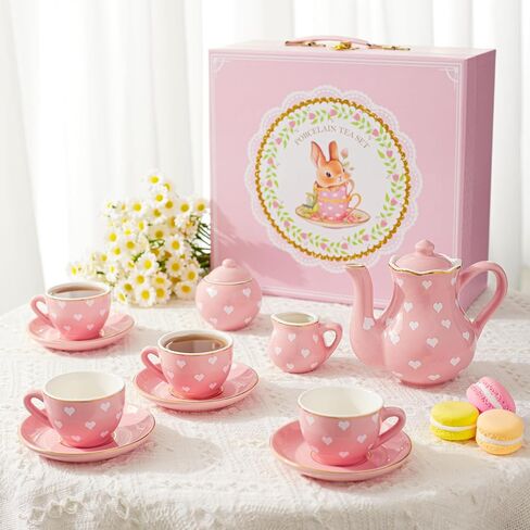 Porcelain Tea Party Set for Little Girls Kids Toddlers, 13Pcs Pink Heart Ceramic Tea Set - Tea Pot Cups & Saucers & Carrying Case,Pretend Play Toys Kitchen Set - Christmas Birthday Gift for Girls in Saudi Arabia