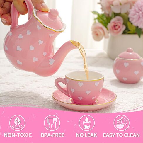 Porcelain Tea Party Set for Little Girls Kids Toddlers, 13Pcs Pink Heart Ceramic Tea Set - Tea Pot Cups & Saucers & Carrying Case,Pretend Play Toys Kitchen Set - Christmas Birthday Gift for Girls in Saudi Arabia