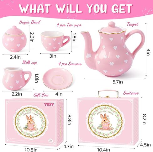 Porcelain Tea Party Set for Little Girls Kids Toddlers, 13Pcs Pink Heart Ceramic Tea Set - Tea Pot Cups & Saucers & Carrying Case,Pretend Play Toys Kitchen Set - Christmas Birthday Gift for Girls in Saudi Arabia