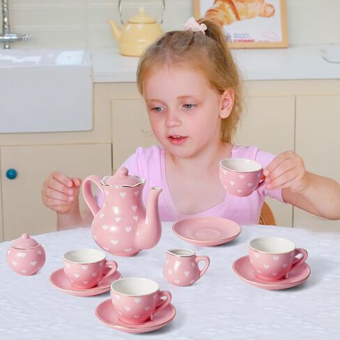 Porcelain Tea Party Set for Little Girls Kids Toddlers, 13Pcs Pink Heart Ceramic Tea Set - Tea Pot Cups & Saucers & Carrying Case,Pretend Play Toys Kitchen Set - Christmas Birthday Gift for Girls in Saudi Arabia