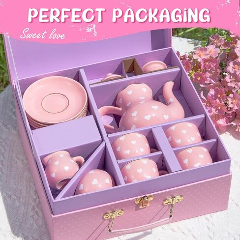 Porcelain Tea Party Set for Little Girls Kids Toddlers, 13Pcs Pink Heart Ceramic Tea Set - Tea Pot Cups & Saucers & Carrying Case,Pretend Play Toys Kitchen Set - Christmas Birthday Gift for Girls in Saudi Arabia