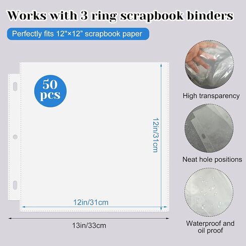 100 Pack 12" x 12" Photo Album Pages for 3 Ring Binder, Scrapbook Page Protectors, Craft Paper Protective Sleeves Photo Vinyl Storage Pockets Organizer Scrapbook Binder Album Supplies Refill Pages in Saudi Arabia