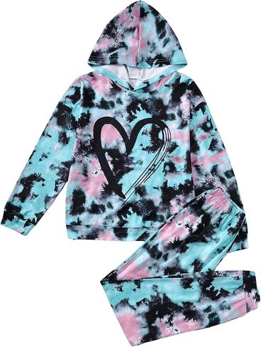 طقم سويت شيرت وبدلة رياضية للفتيات من SweatyRocks مكون من قطعتين من سويت شيرت برسومات على شكل قلب وصبغة ربطة عنق in Saudi Arabia