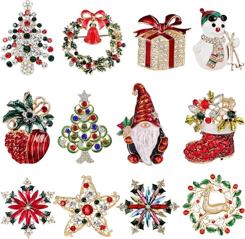 12 Pcs Christmas Brooch Pins Set for Women Rhinestone Crystal Christmas Tree Wreath Snowman Reindeer Christmas Ornament Jewelry Pins Gift in Kuwait
