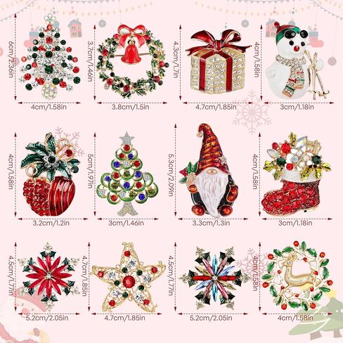 12 Pcs Christmas Brooch Pins Set for Women Rhinestone Crystal Christmas Tree Wreath Snowman Reindeer Christmas Ornament Jewelry Pins Gift in Kuwait