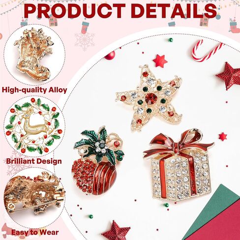 12 Pcs Christmas Brooch Pins Set for Women Rhinestone Crystal Christmas Tree Wreath Snowman Reindeer Christmas Ornament Jewelry Pins Gift in Kuwait