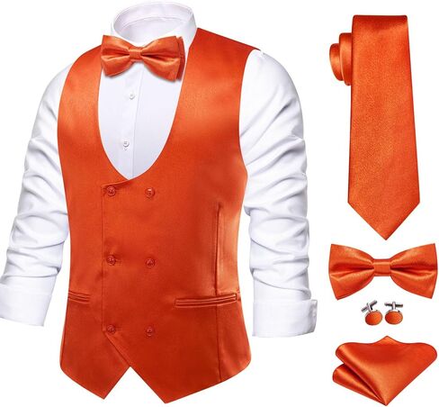 Hi-Tie Mens U-Neck Double-Breasted Suit Vest Necktie and Bow Tie 5PC Set Formal Wedding or Business Dress in Kuwait