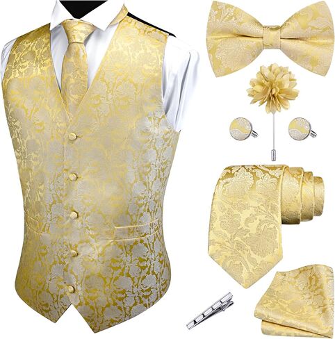 GUSLESON Formal Men Vest Paisley Floral Jacquard Tie Waistcoat Bow tie Hanky Lapel Pin Cufflinks Set Wedding 7PCS in Kuwait