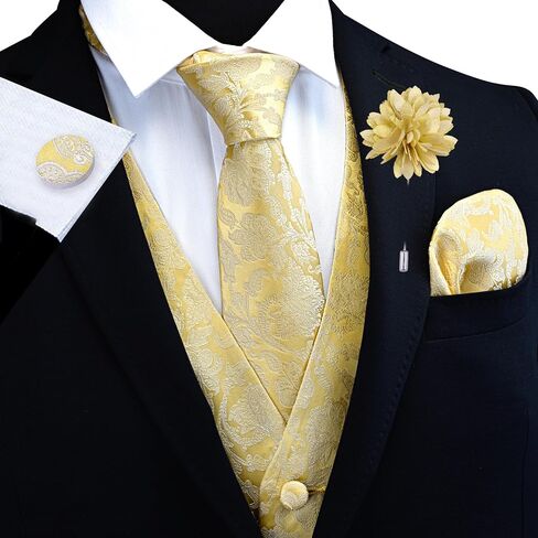 GUSLESON Formal Men Vest Paisley Floral Jacquard Tie Waistcoat Bow tie Hanky Lapel Pin Cufflinks Set Wedding 7PCS in Kuwait