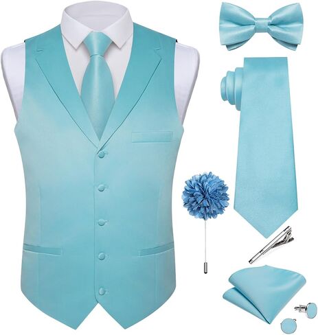 DiBanGu Formal Suit Vest Tie Set for Men Classic Solid Notch Lapel Dress Waistcoat Satin Vest Bowtie for Wedding Party in Saudi Arabia