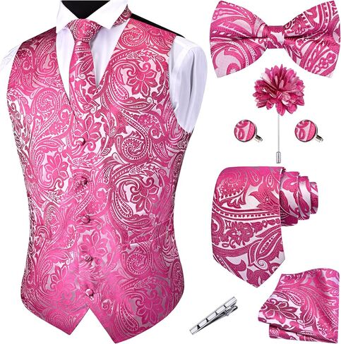GUSLESON Formal Men Vest Paisley Floral Jacquard Tie Waistcoat Bow tie Hanky Lapel Pin Cufflinks Set Wedding 7PCS in Kuwait