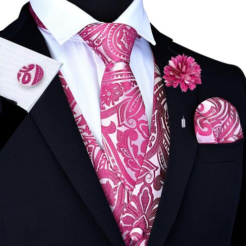 GUSLESON Formal Men Vest Paisley Floral Jacquard Tie Waistcoat Bow tie Hanky Lapel Pin Cufflinks Set Wedding 7PCS in Kuwait