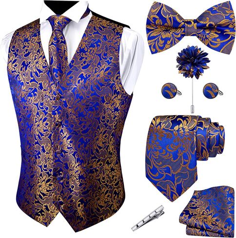 GUSLESON Formal Men Vest Paisley Floral Jacquard Tie Waistcoat Bow tie Hanky Lapel Pin Cufflinks Set Wedding 7PCS in Kuwait