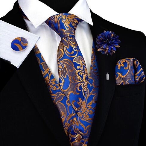 GUSLESON Formal Men Vest Paisley Floral Jacquard Tie Waistcoat Bow tie Hanky Lapel Pin Cufflinks Set Wedding 7PCS in Kuwait