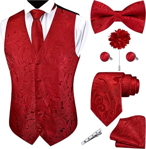 GUSLESON Formal Men Vest Paisley Floral Jacquard Tie Waistcoat Bow tie Hanky Lapel Pin Cufflinks Set Wedding 7PCS in Kuwait
