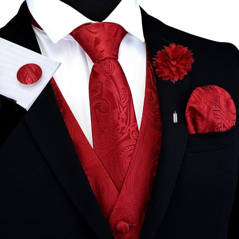GUSLESON Formal Men Vest Paisley Floral Jacquard Tie Waistcoat Bow tie Hanky Lapel Pin Cufflinks Set Wedding 7PCS in Kuwait