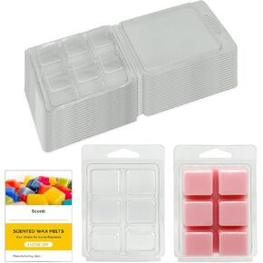 25 Pack Wax Melt Clamshells with 25 Labels, 6 Cavity Cubes Plastics Clam Shells for Wax Cubes, Clear Empty Cube Tray Molds for Wickless Tarts Candles