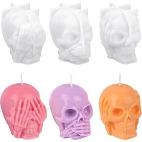 HUAKENER 3 Pack Skull Candle Molds, 3D Skull Resin Molds, Hear-no, Speak-no, See-no Skull Silicone Molds for Candle, Epoxy Resin, Soap, Halloween Cake Decor