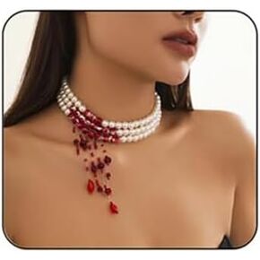 Gothic Blood Pearl Necklace for Women, Adjustable Dripping Blood Pearl Choker Layered Bleeding Pearl Necklace Punk Bloody Pearl Tassel Necklace Halloween Jewelry Gift