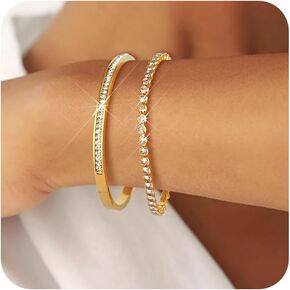 Gold Bangle Bracelets 18K Gold Plated Adjustment Tennis Bracelet for Women, Cubic Zirconia Stones Bangle Cuff Friendship Love Bangle Bracelets Dainty Jewelry Set Christmas Birthday Gifts