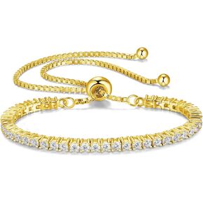 FANCIME Gold Moissanite Tennis Bracelet 1.2ct-12ct Lab Created Moissanite Diamond Bracelets,925 Sterling Silver Adjustable Bolo Tennis Bracelets, 2/3/4/5mm D Color VVS1 Round Cut Moissanite Bracelet for Women
