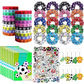 180PCS Soccer Party Favor Set with Soccer Goodie Bags, Soccer Rubber Bracelets Soccer Stickers Soccer Key Chains Soccer Satin Scrunchies Hair Ties, Soccer Party Supplies Soccer Party Decoration