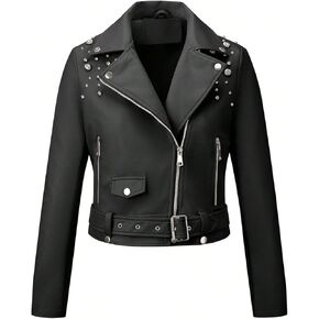 Giolshon Women's Faux Leather Studded Jacket Moto Biker Short Rhinestones Fall PU Long Sleeve Open Front Coat