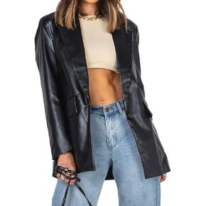 Pepochic Womens Oversized Leather Jacket Long Sleeve Faux Leather Blazer Lapel Button Down Leather Shacket Coat with Pockets