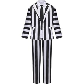 Black and White Costume Suit Men Adult Vertical Strip Jacket Halloween Costumes Scary Movie Character Cosplay Outfit