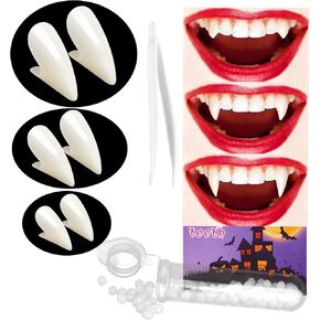 Vampire Teeth Hallowee Fangs Kids Party Favors, Realistic Vampire Fangs Adult for Cosplay Werewolf Makeup Vampire Costume Accessorie, Horror Decorations Halloween Fake Fangs Teeth 3 Pairs with Glue