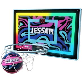 حلقة كرة السلة الصغيرة Jesser Hoop Over The Door - وضعان للعب: ساعة التسديد أو حفظ النتائج، كرة حصرية مقاس 5 بوصات، تسجيل LED كهربائي، شبكة، مضخة هواء - متعة رياضية داخلية للأطفال بعمر 6 سنوات فما فوق