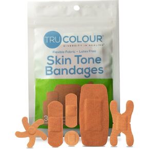 Tru Colour - Assorted Bandages, Flexible Fabric Adhesive Bandages, Dark Brown Skin Tone Shade, Purple Bag, 30 Count