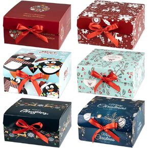 ARTLYMERS Christmas Gift Boxes with Lids, 6 Pack Gift Boxesand Red Ribbon Christmas Themed Pattern Small Gift Boxes for Christmas Presents Gifts Easy Assemble