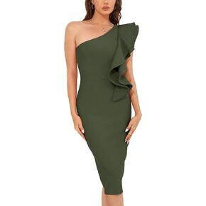 Womens Bodycon Midi Dresses Elegant One Shoulder Ruffle Bandage Wrap Dress Formal Cocktail Wedding Guest Dress