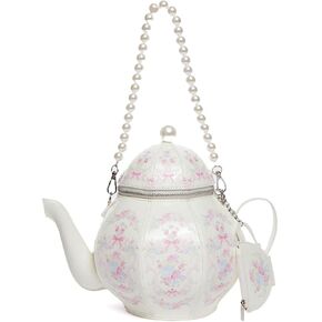 Dolls Kill Tea Society Handbag by Sugar Thrillz - Vegan Leather, Floral Print, Pearl Strap, Perfect for Whimsical Style - White
