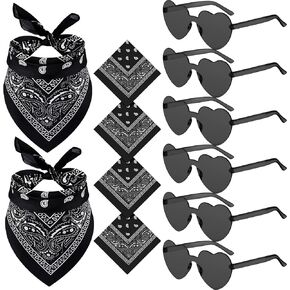 6 Sets Paisley Bandanas and Rimless Heart Shaped Sunglasses Cowboy Bandanas for Women Men Western Halloween Disco Party